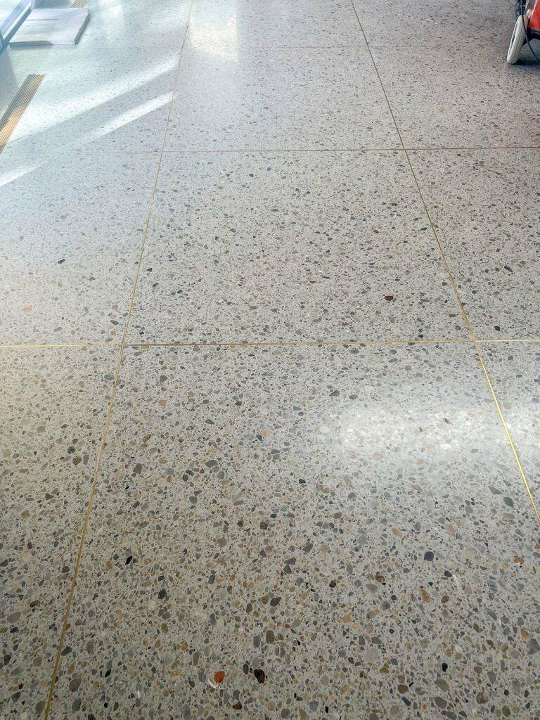 A terrazzo tile floor during the installation process