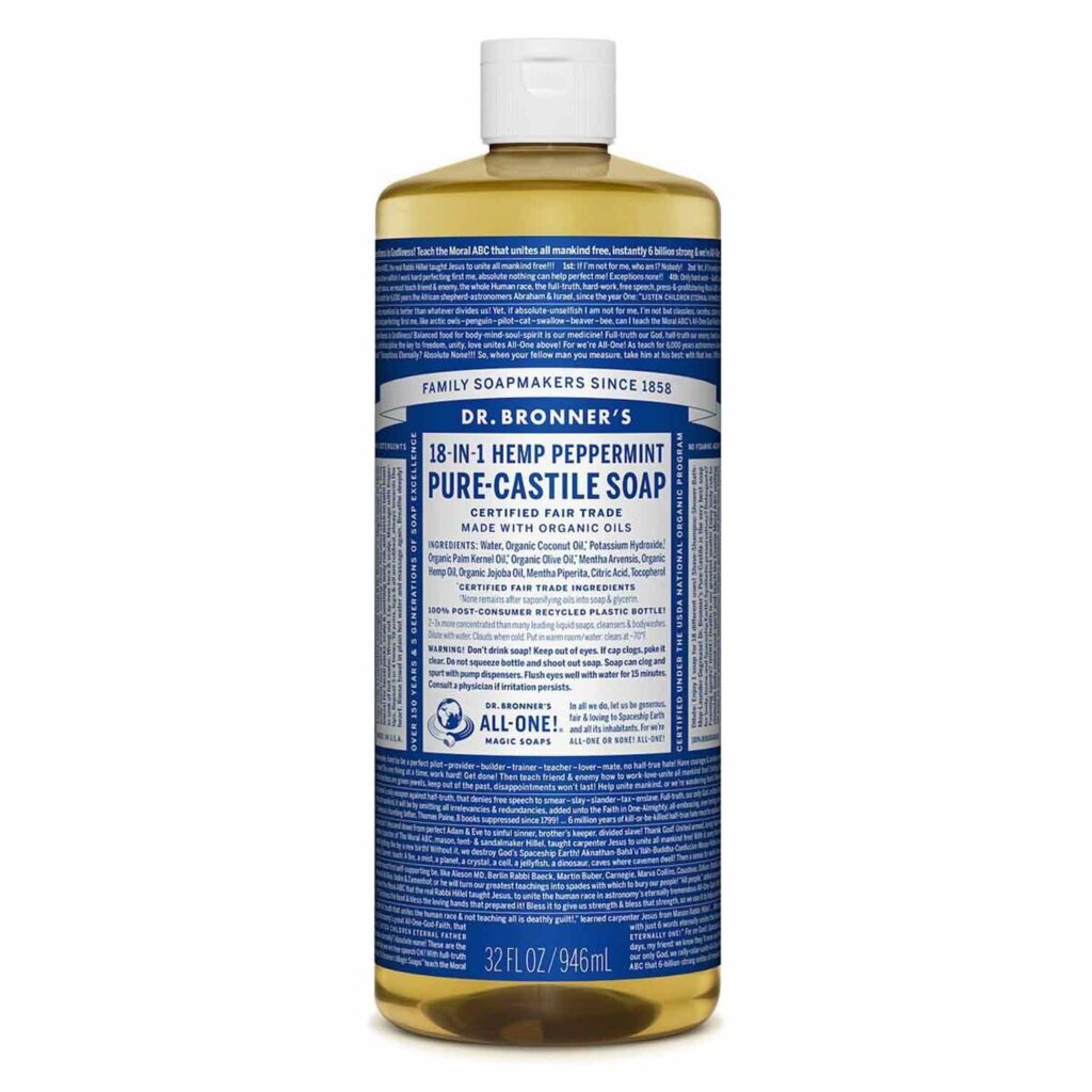 Dr. Bronner’s castile soap is our favorite non-specialized product for surface cleaning indoor concrete floors. Dr. Bronner’s is a pH-neutral cleaner that comes in a variety of natural scents. Because the soap is concentrated, a few drops in a gallon of water is plenty.  Soap is not required every time a floor is mopped. A damp mop can be used without soap for regular cleaning. 