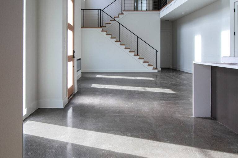 Residential Salt and Pepper polished concrete floor Trinity Groves Neighborhood Conrad Homes Dallas Texas